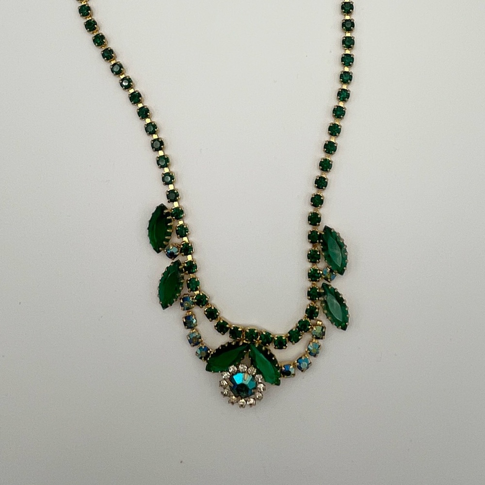 Vintage Emerald Green AB Rhinestone Bib, 62g Heavy Statement, Open Back 1950s - Picture 3 of 5